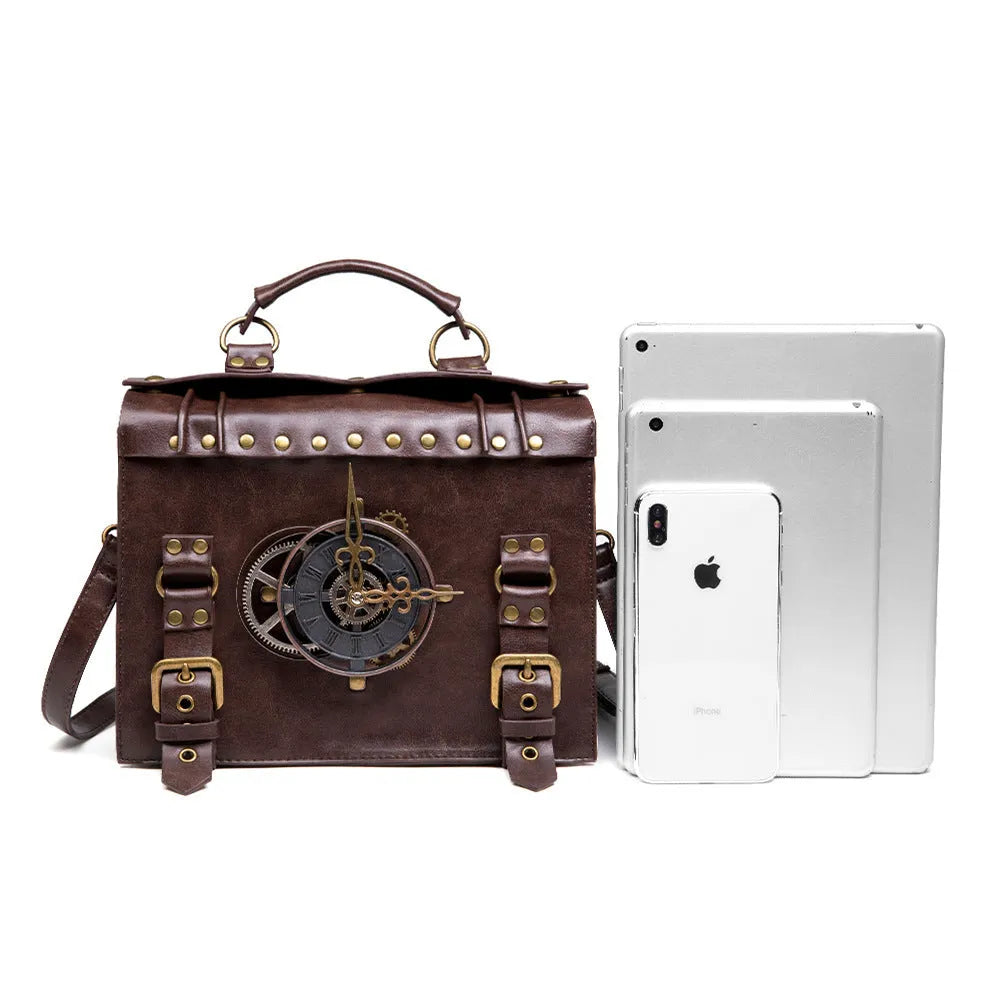 Bronze steampunk industrial retro shoulder bag with pillow shape and metal hardware