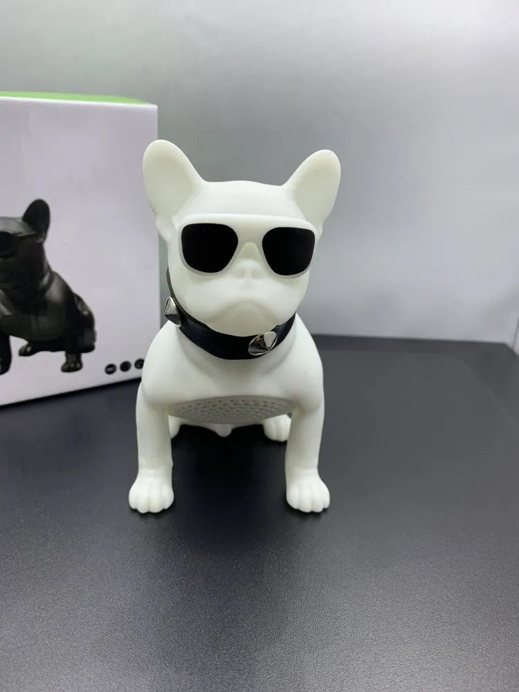 Mini bulldog-shaped Bluetooth speaker in black, red, or white colour, showing compact design.
