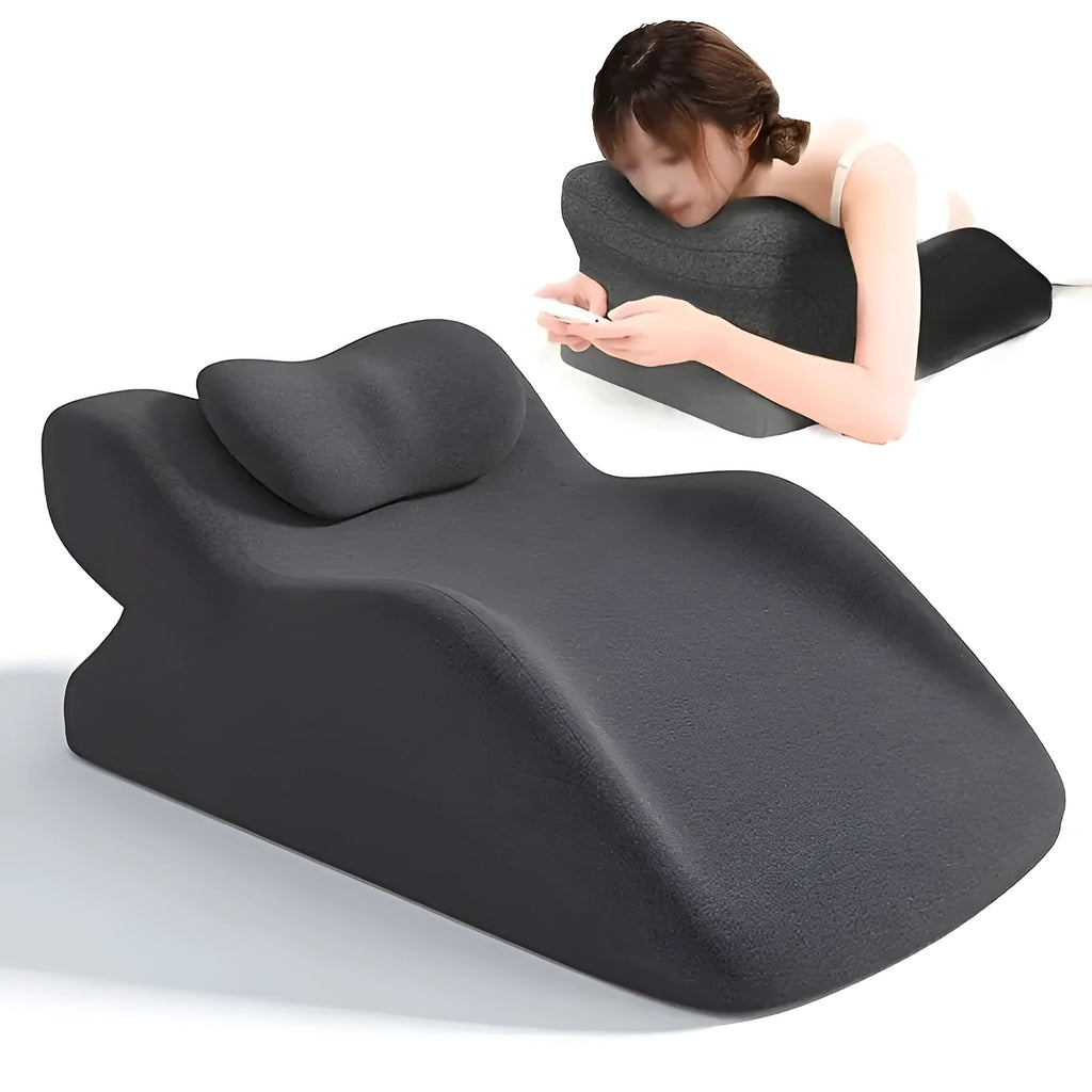Soft prone position pillow with face cutout for reading, available in blue, gray, and green for stomach sleepers