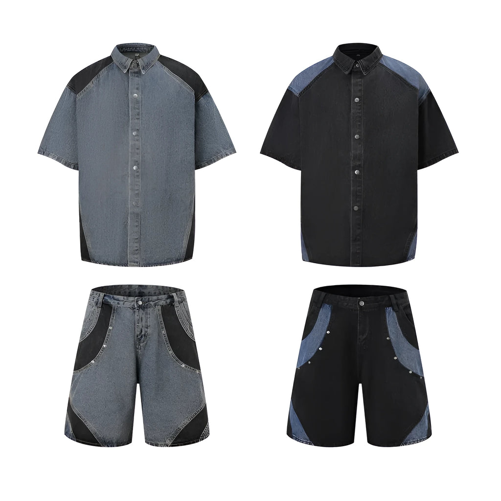 Retro washed denim short-sleeve jacket and full-length trousers suit in blue street style