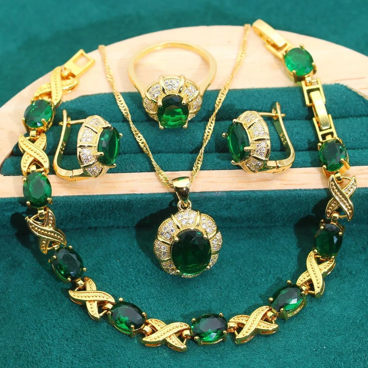 Gold plated jewellery set with multi-colour cubic zirconia stones including necklace, earrings, ring and bracelet