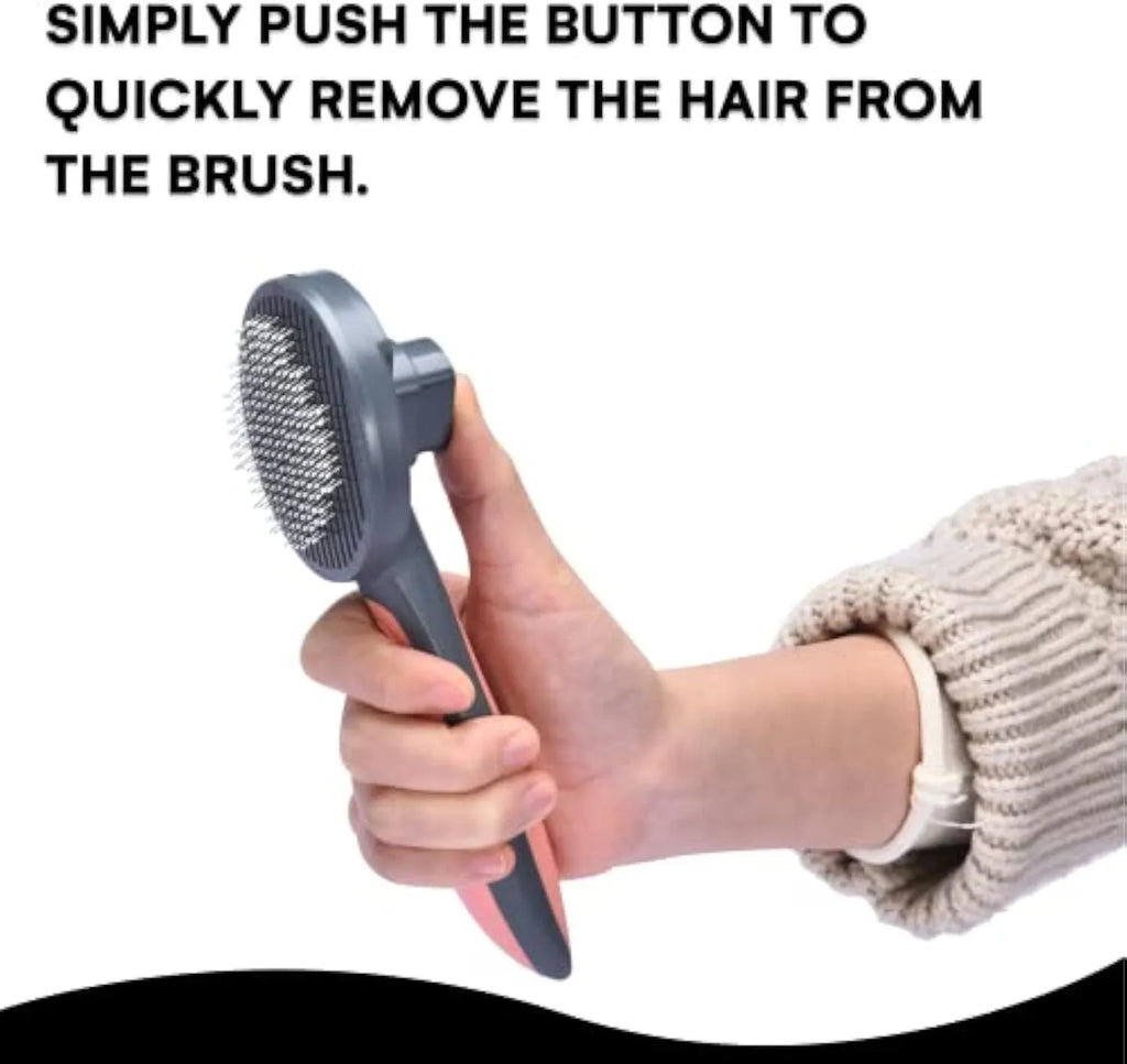 Grey self-cleaning slicker brush for pet grooming on a white background.