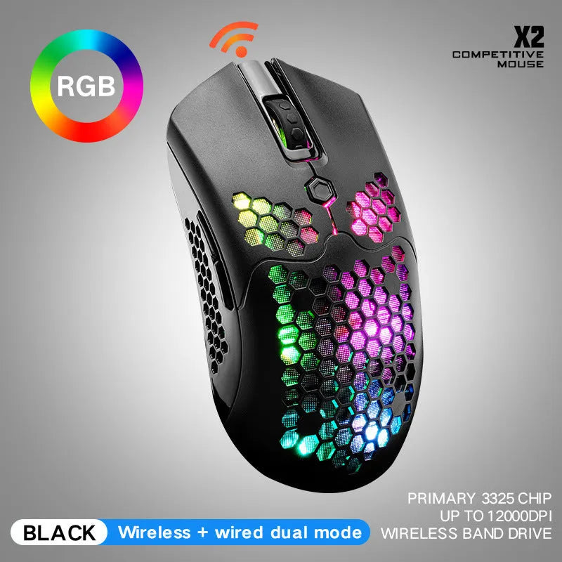 Free Wolf X2 wireless gaming mouse in black, showing RGB lighting and ergonomic shape.