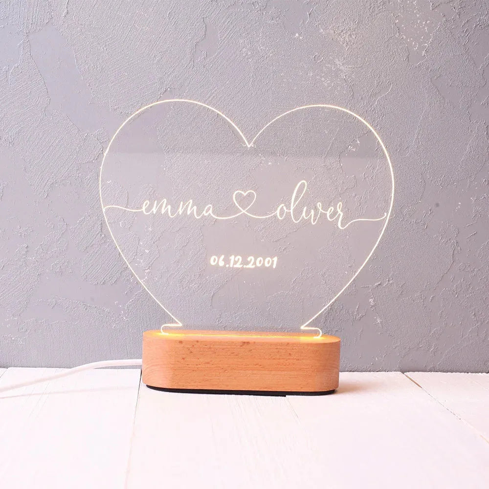 Custom acrylic LED night light with engraved names and date for bedroom