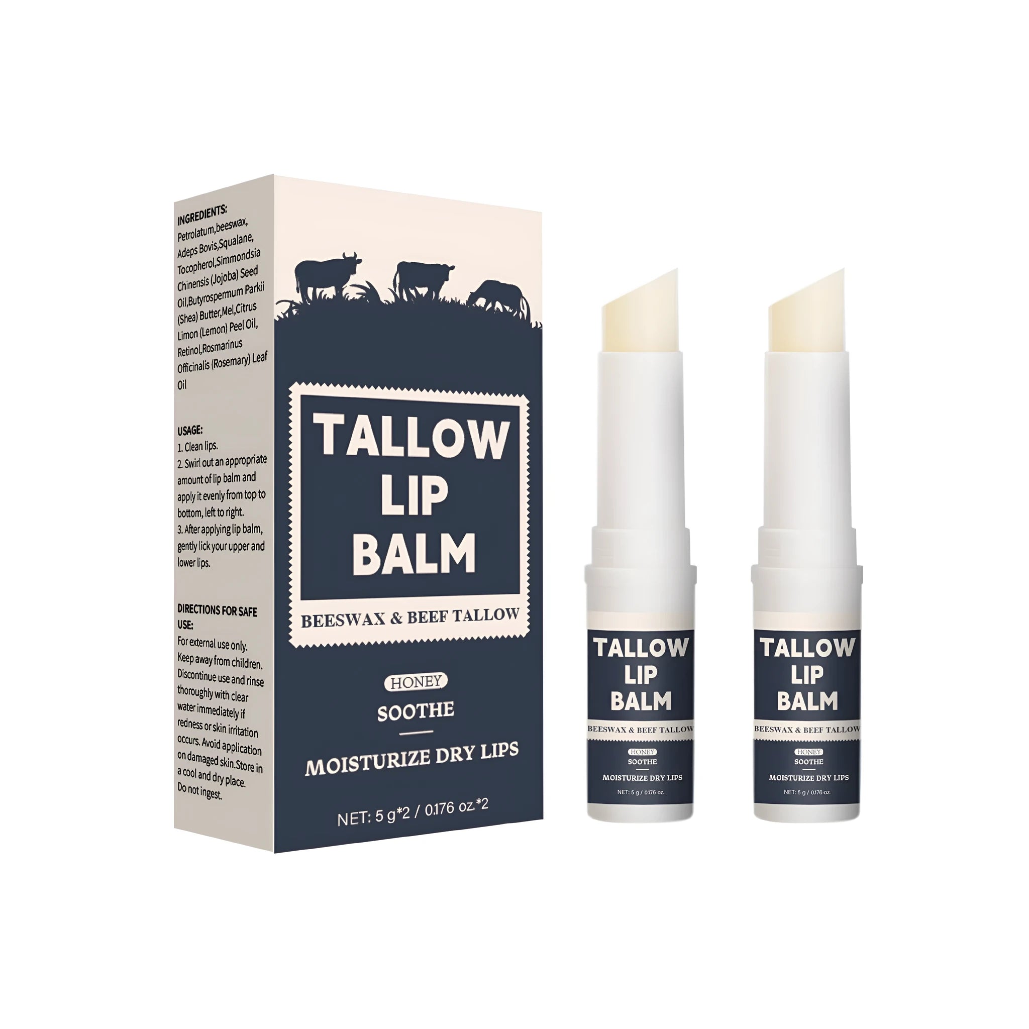 Two lip balm tubes from a beef fat formula set for universal skin types.