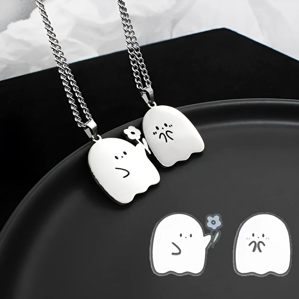 Stainless steel ghost couple necklace with kawaii cat pendant on 60cm water wave chain, polished unisex design