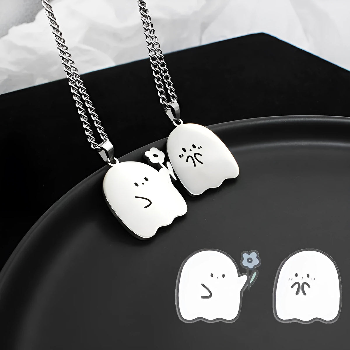Stainless steel ghost couple necklace with kawaii cat pendant on 60cm water wave chain, polished unisex design