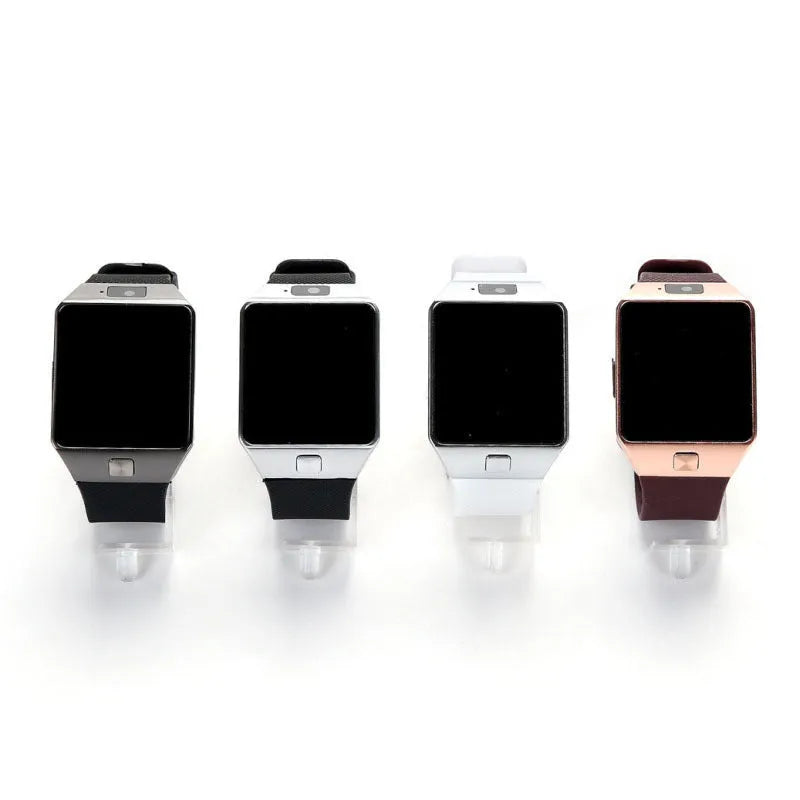 Bluetooth smart watch with 1.44-inch screen on wrist strap, shown in black, white, gold, and silver grey colour options.