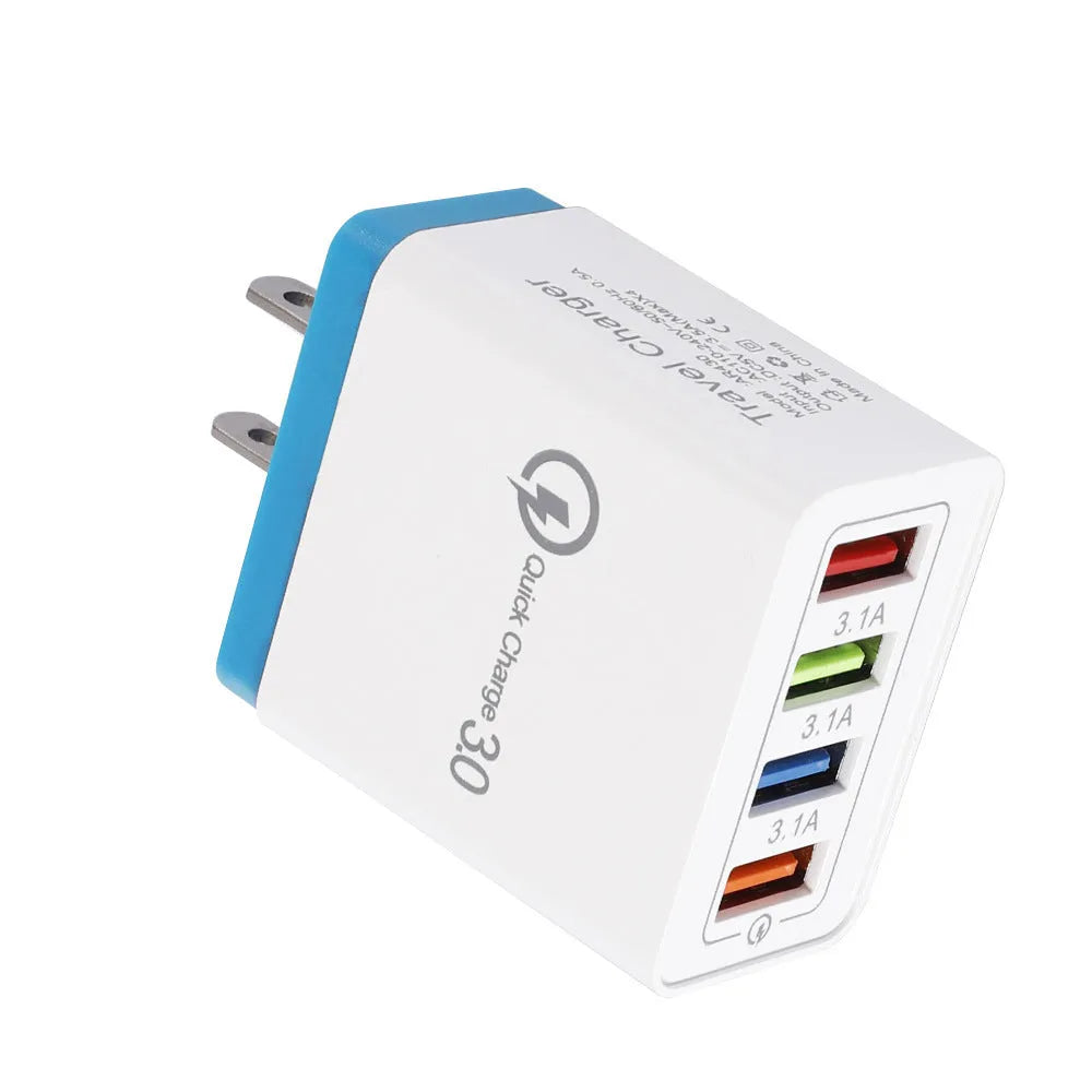 4-port USB mobile phone charger with luminous indicator light in multiple colour options