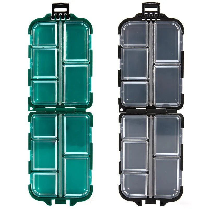 Plastic fishing tackle storage box with 10 compartment grid, shown in black colour