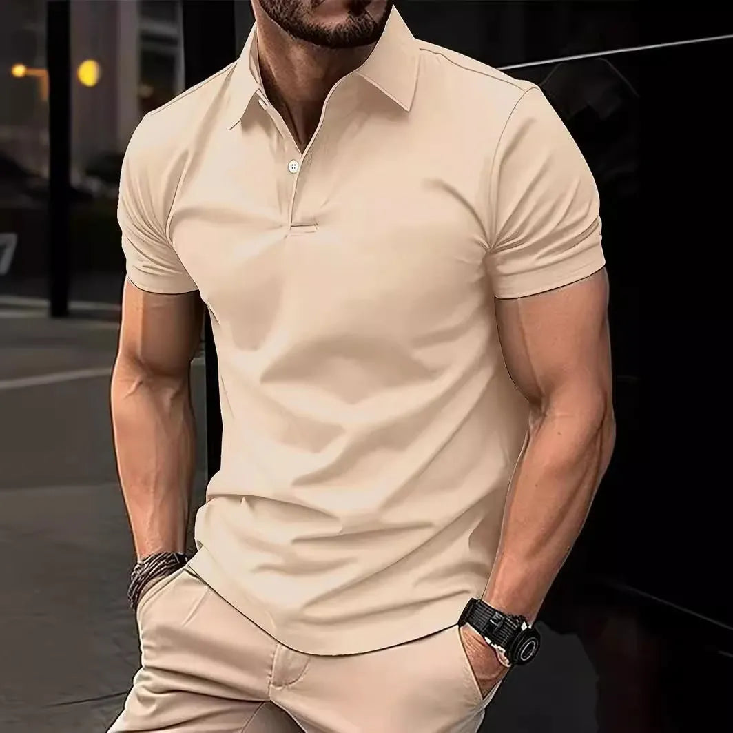 Men's slim fit short sleeve button shirt in a solid colour, showing front button closure.