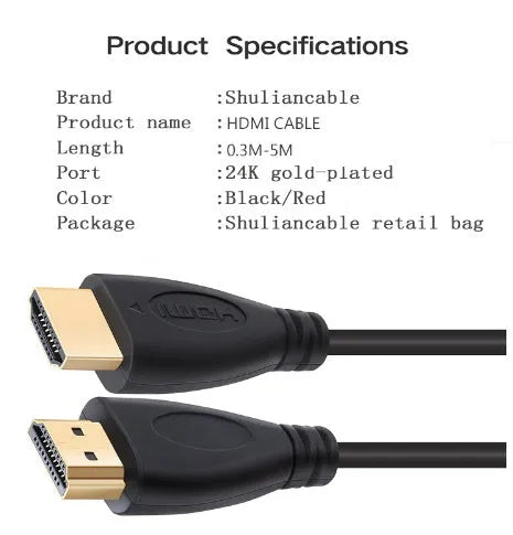 Gold-plated HDMI cable with male connectors in multiple length options