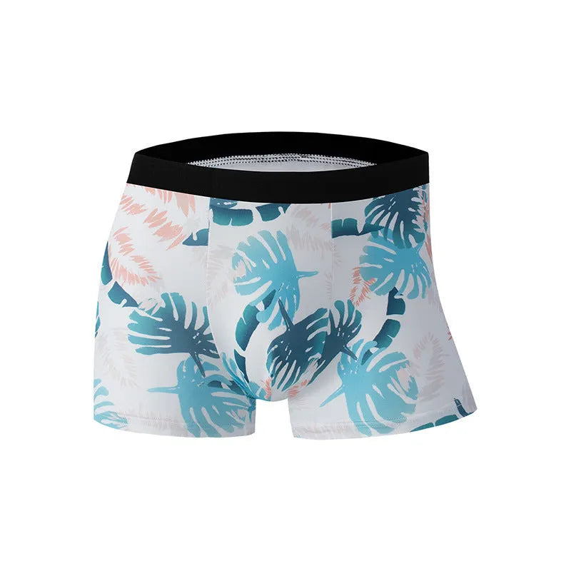 Men's ice silk underwear with fashion printing showing mid waist design and breathable polyester fabric