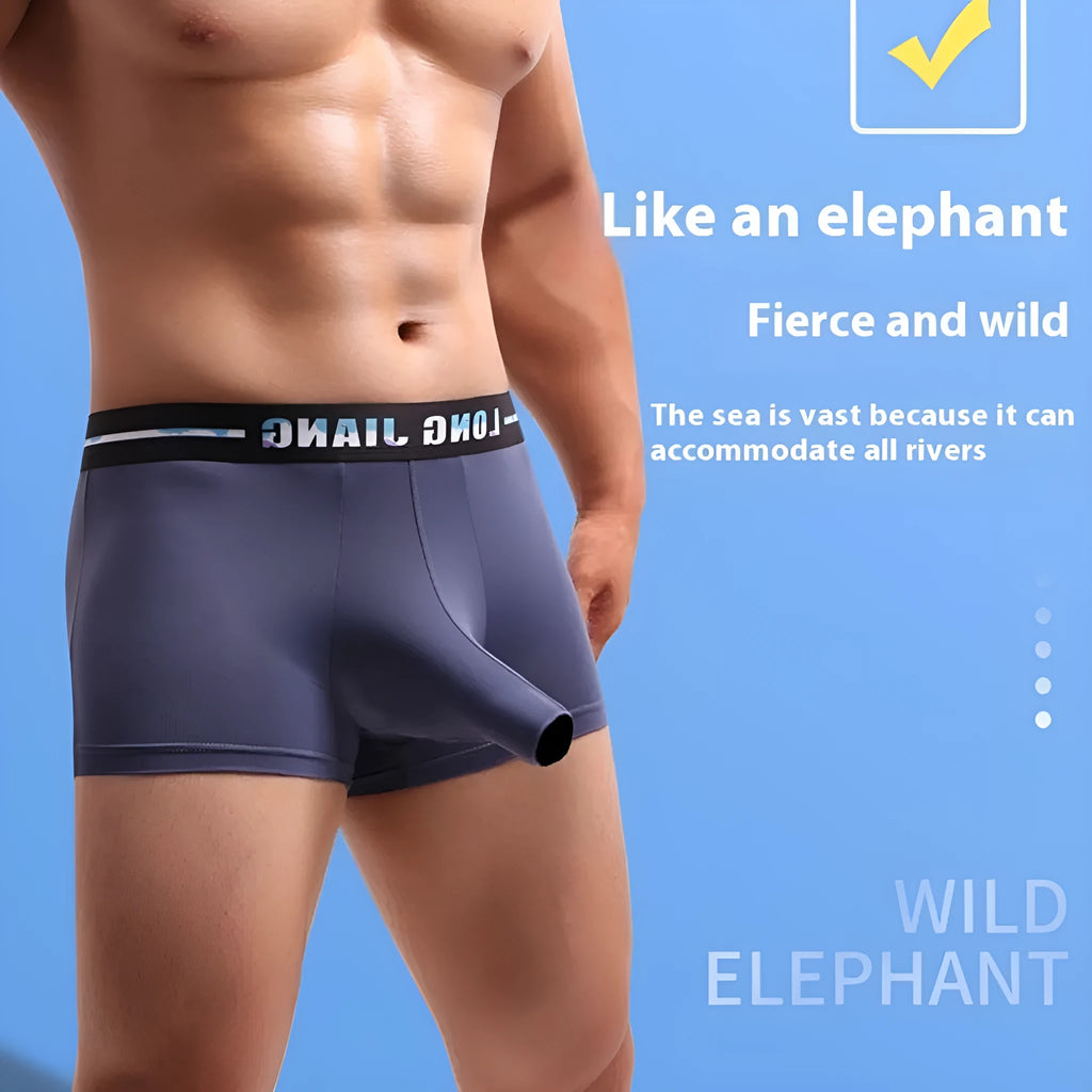 Men's ice silk boxer shorts in a solid colour showing the trunk open design and mid waist fit.