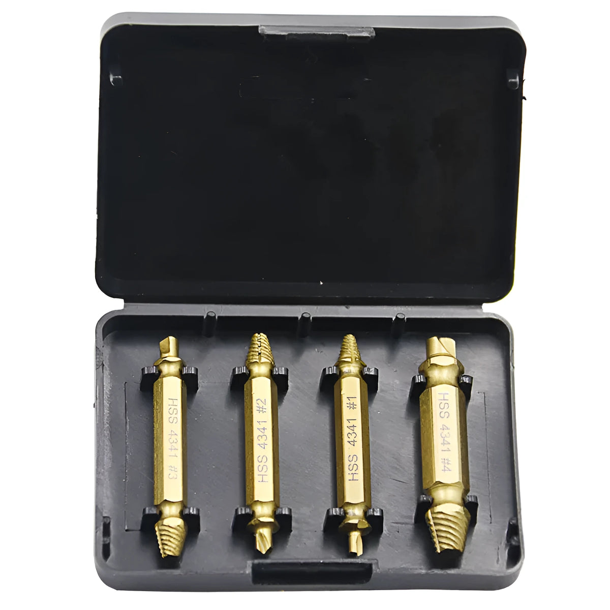 5-piece screw extractor set with 4341 high-speed steel construction for removing damaged fasteners