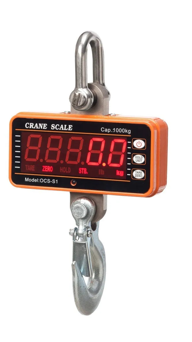 Orange electronic crane scale with digital display and hook attachment for 500 kg weighing capacity