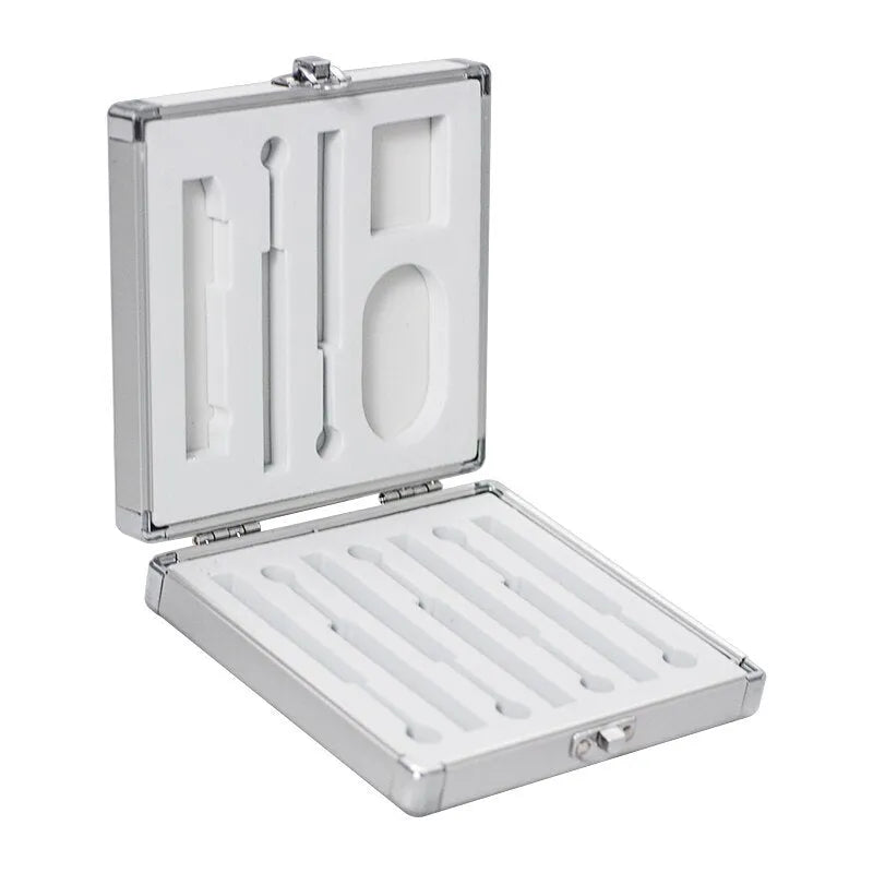 Silver aluminium storage box for TS100 soldering iron, dimensions 154mm by 147mm.