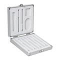Silver aluminium storage box for TS100 soldering iron, dimensions 154mm by 147mm.