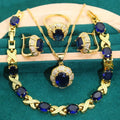 Gold plated jewellery set with multi-colour cubic zirconia stones including necklace, earrings, ring and bracelet
