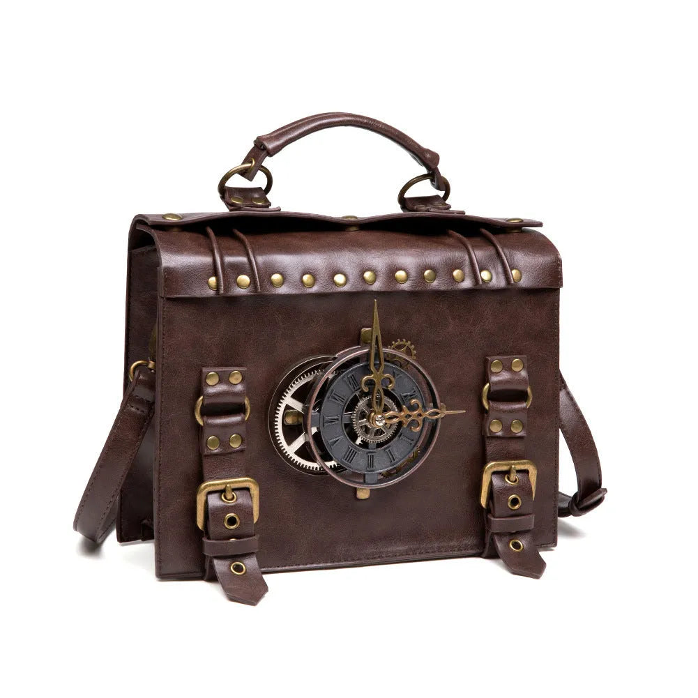 Bronze steampunk industrial retro shoulder bag with pillow shape and metal hardware