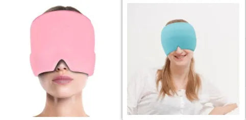 Black elastic cloth gel cooling eye mask for headache relief, shown with adjustable strap.