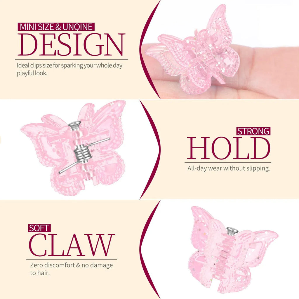Set of 50 glitter mini butterfly hair claw clips in assorted colours on white background