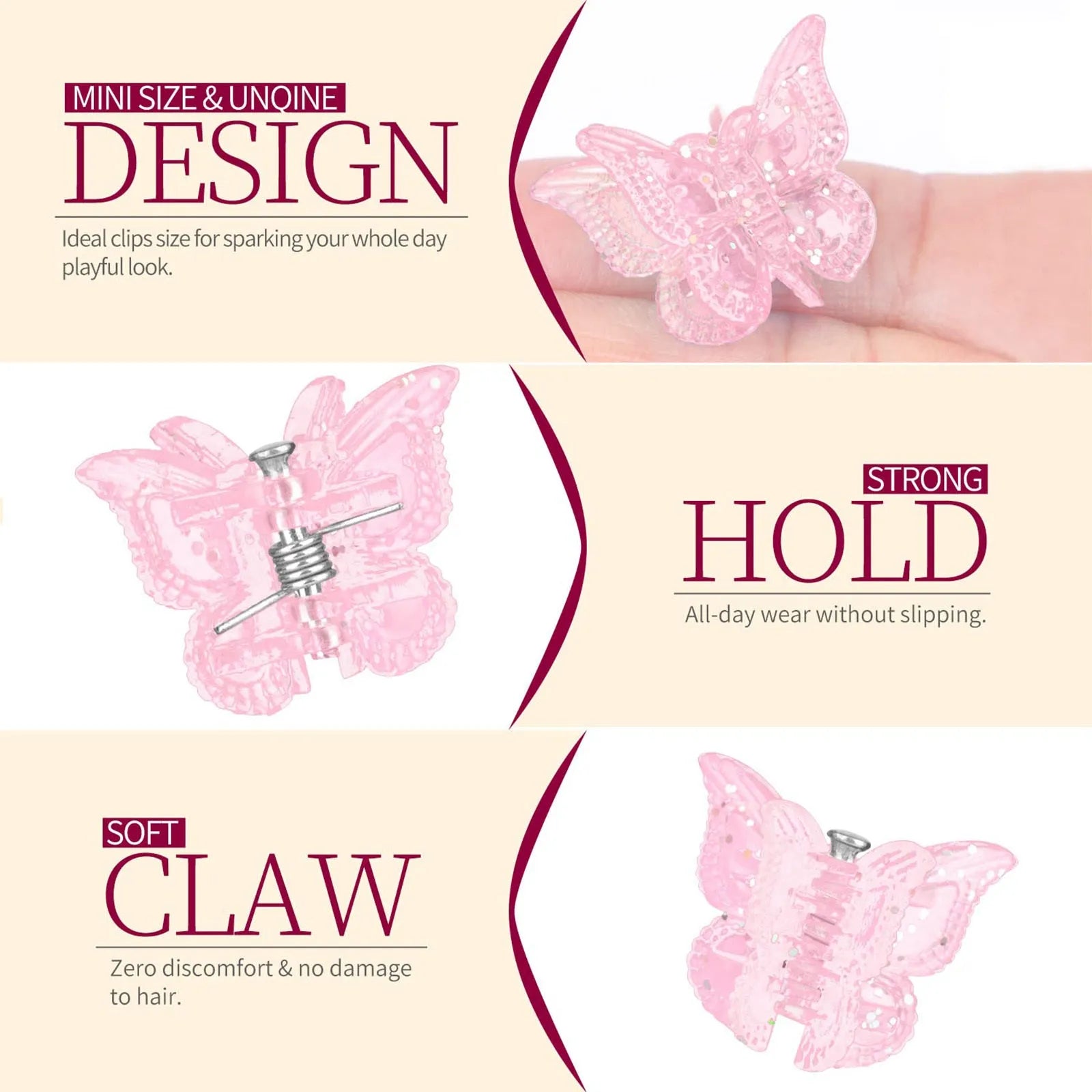 Set of 50 glitter mini butterfly hair claw clips in assorted colours on white background