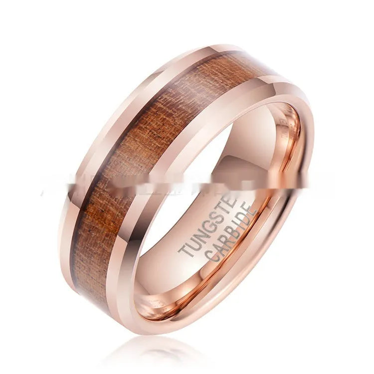 Men's 8mm wide Ugyen ring with wood and leather inlay in rose gold finish