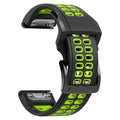 Quick release double-row hole silicone watch strap in Army Green Black colour, showing pin buckle and two width options: 22mm and 26mm.