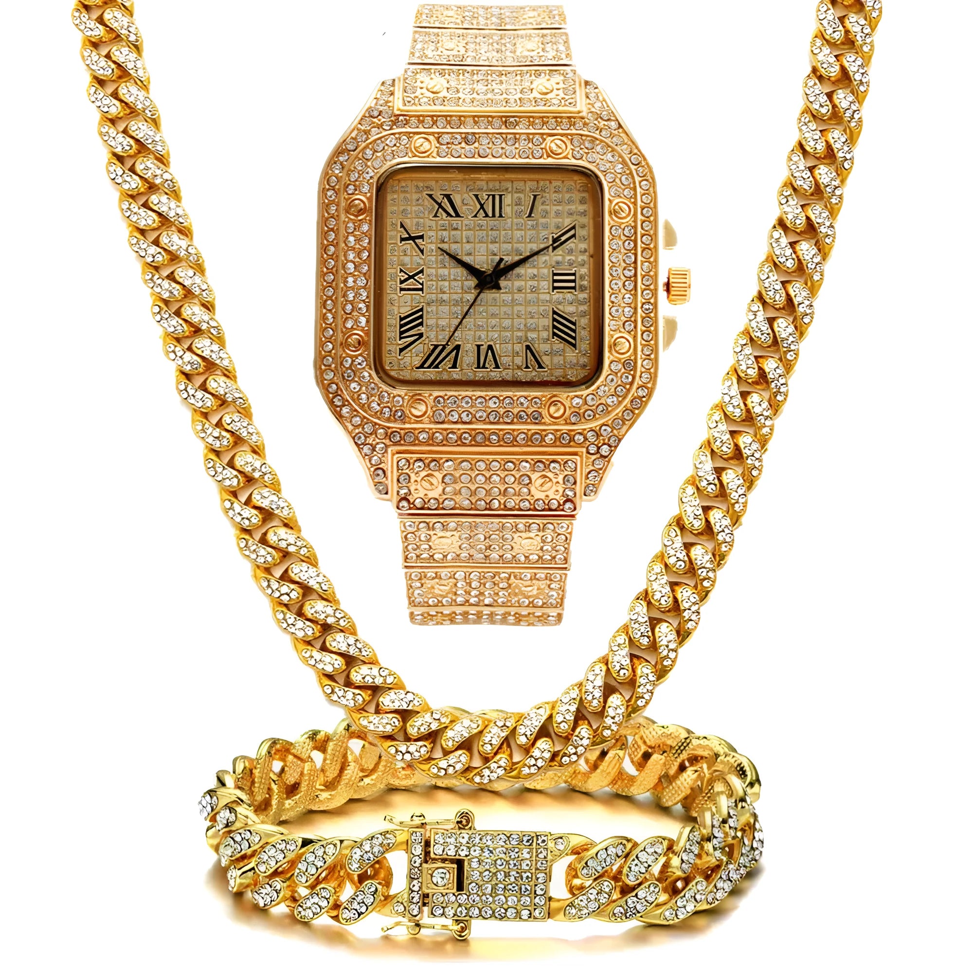 Gold Roman numeral square dial diamond watch with black mesh band, bracelet, and necklace set.