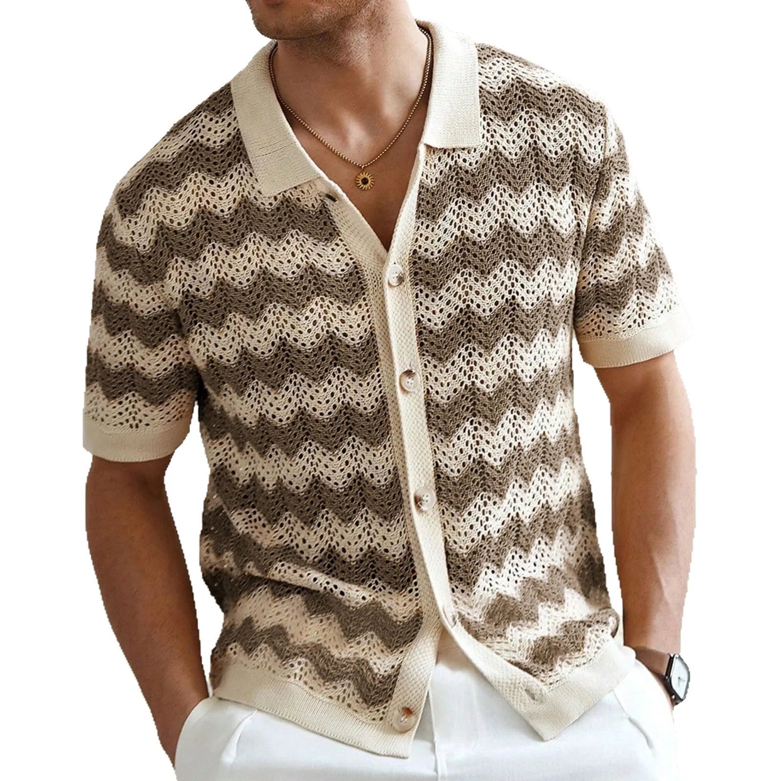 American-style hollow jacquard corrugated short-sleeve sweater in blue, shown on a hanger.
