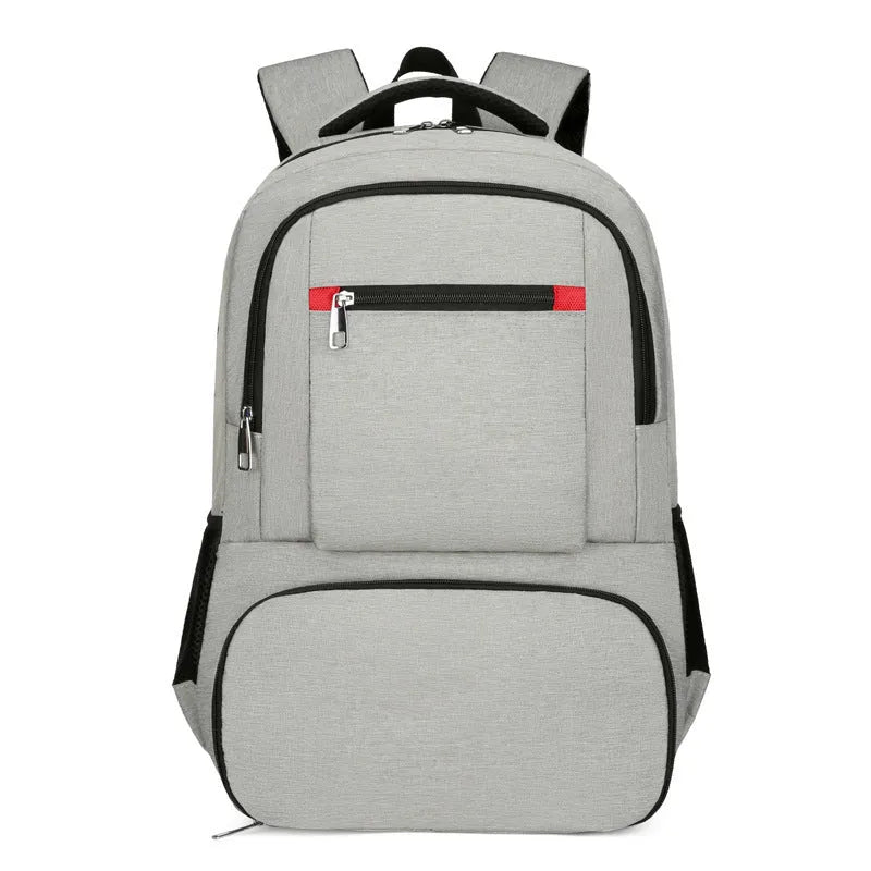 Light grey Oxford cloth insulated backpack with curved shoulder straps, shown with compartments open.