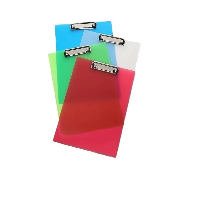 Transparent A4 clipboard with metal flat clip holding paper, shown in blue colour option.