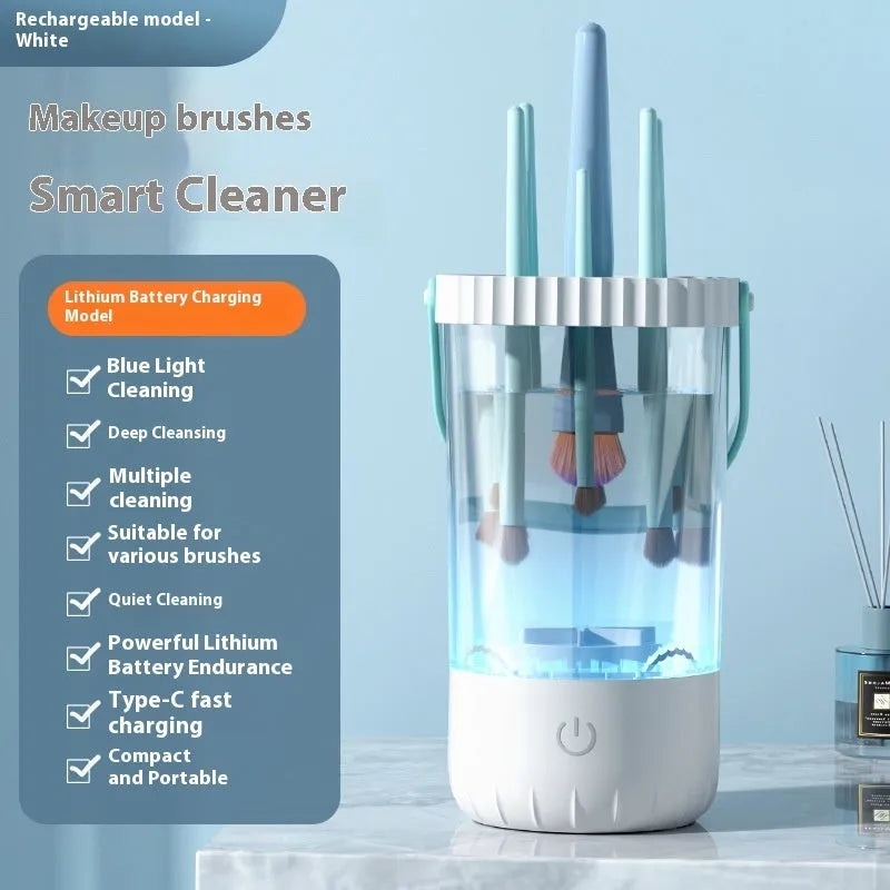 White plastic electric makeup brush cleaner with charging cable