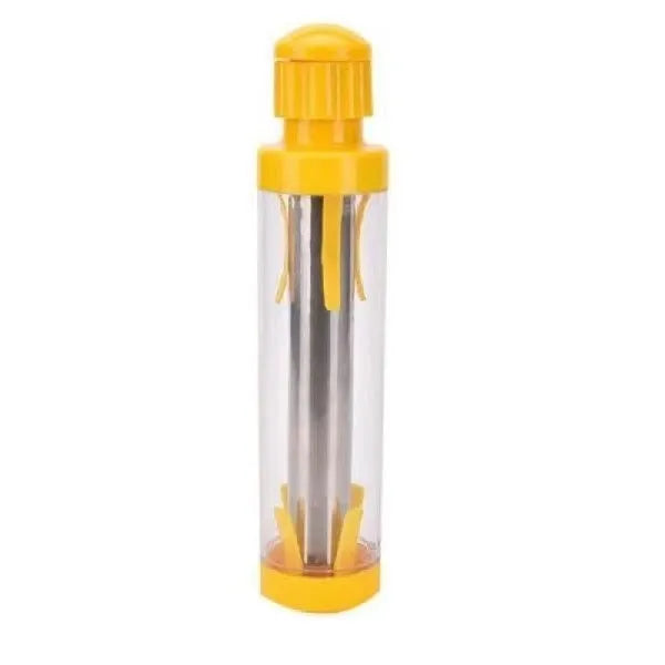 Yellow cylindrical corn stripper tool with stainless steel blades for removing kernels from corn cobs