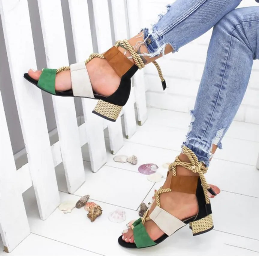 Women's beige suede sandals with front and ankle straps, thick 3-5cm heel.