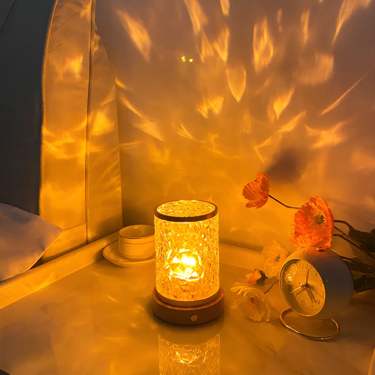 Small acrylic night light with water ripple effect on a solid wood base, showing touch control and USB port.