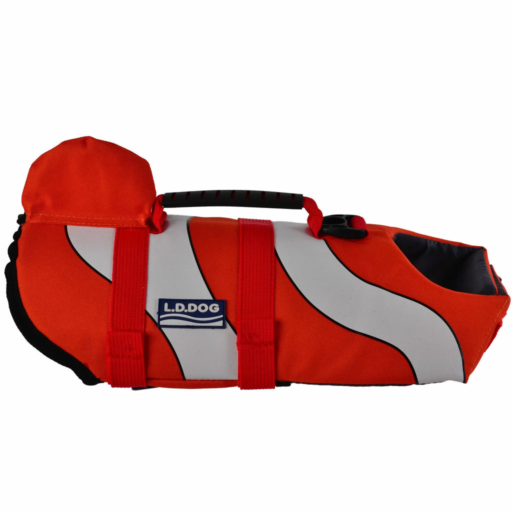 Dog life jacket swimming vest in Oxford cloth and cotton, sizes S M L, shark or mermaid style, dark brown pink red.