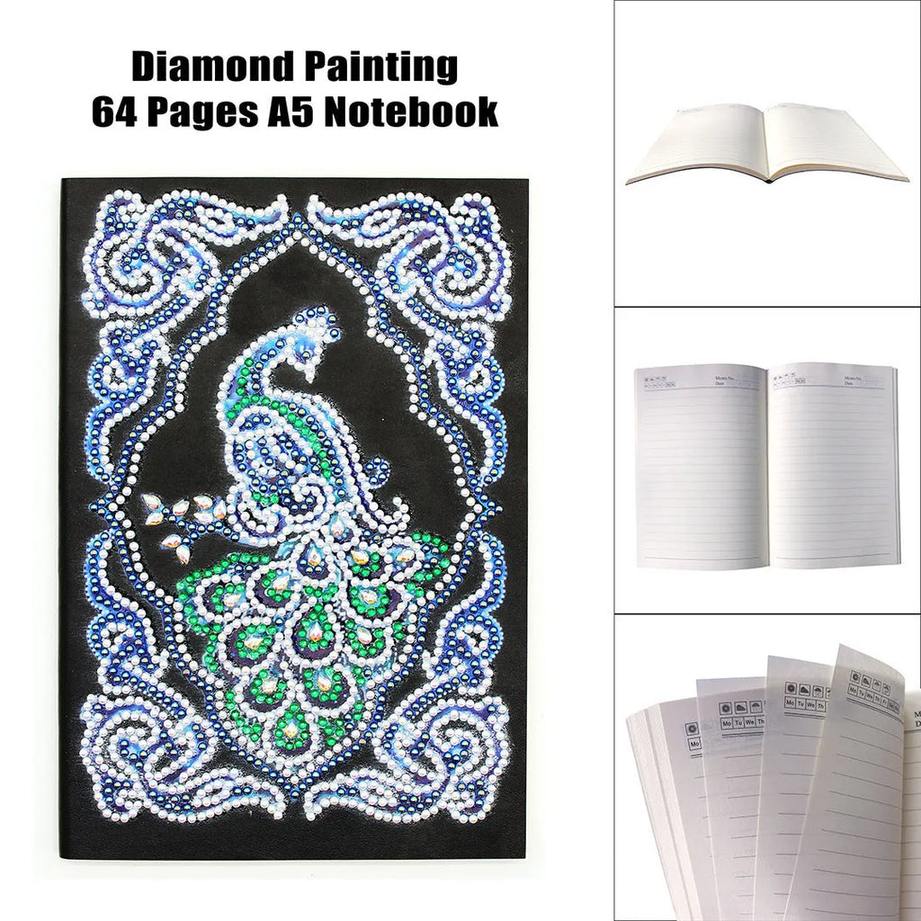 Black A5 diamond painting notebook with peacock design showing shaped and bright drill beads