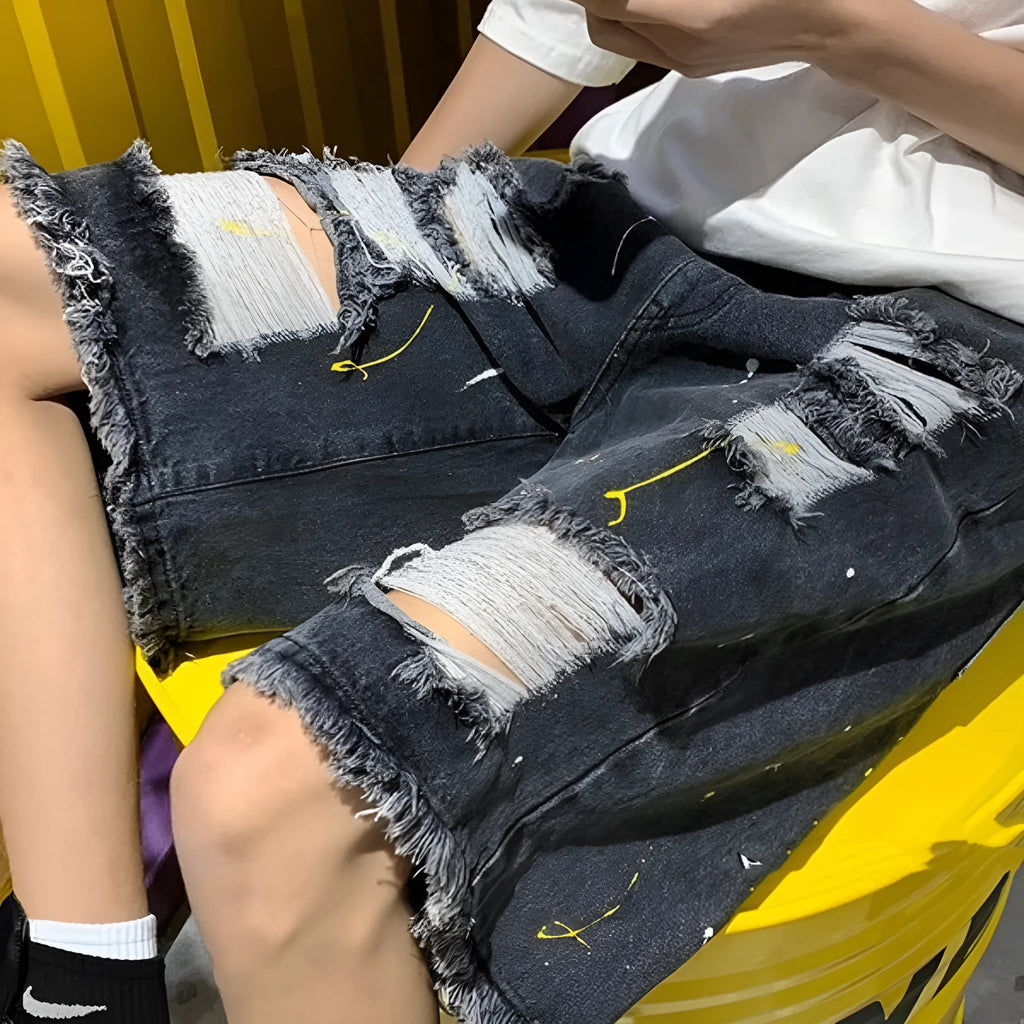Men's water washed hole denim shorts in loose street style with cotton blend fabric