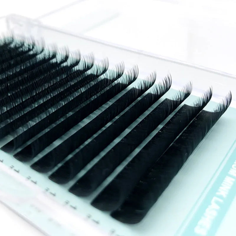 Women's soft velvet false eyelashes showing curl variations from 0.05CC to 0.2CC and length options from 7mm to 15mm