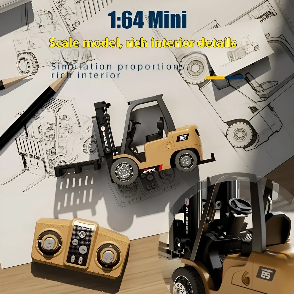 1:64 scale grey alloy remote control forklift toy with mini Bluetooth controller and cargo accessories.
