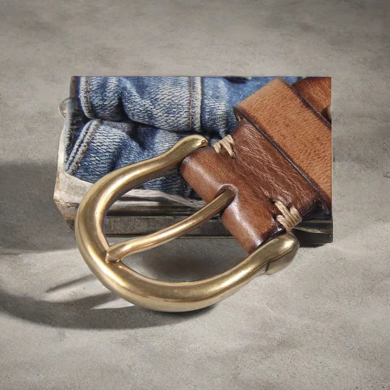 Men's first layer cowhide leather belt with copper pin buckle in black brown and khaki colors