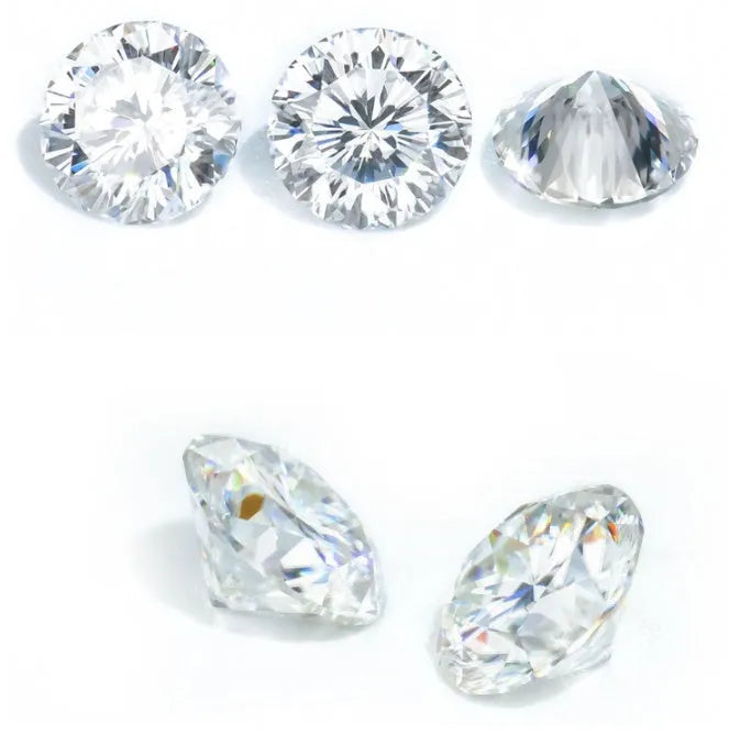 Round moissanite gemstone with eight hearts and eight arrows cut on a white background.