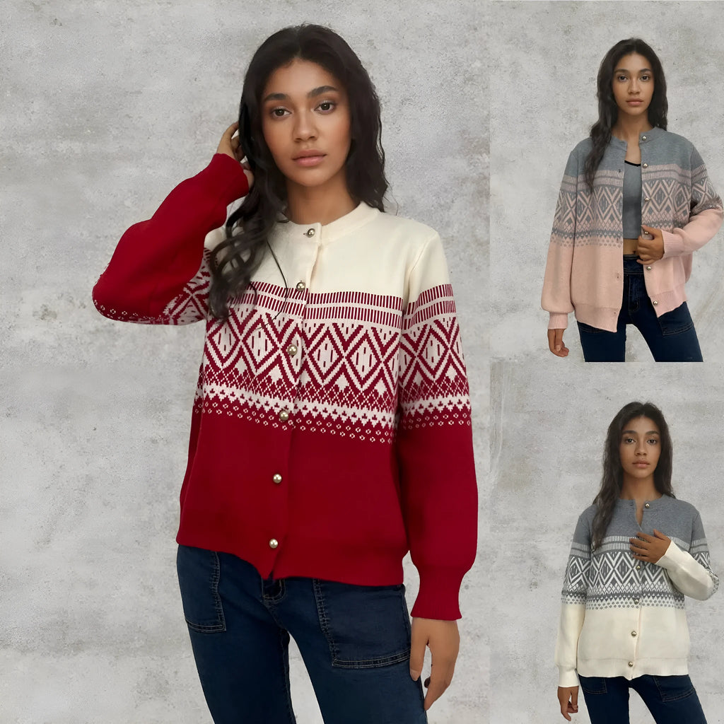Women's red alpaca wool cardigan with diamond pattern and long sleeves
