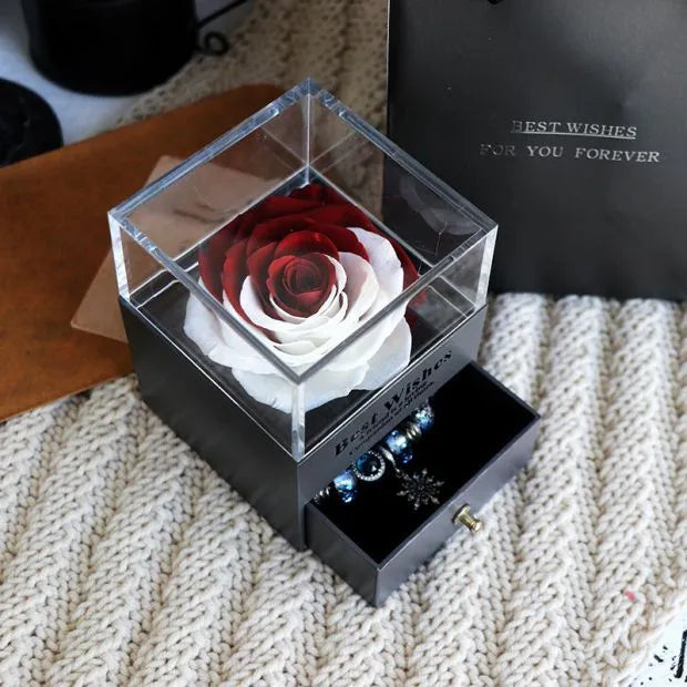 Preserved eternal rose and carnation gift box in glass display case for jewellery storage