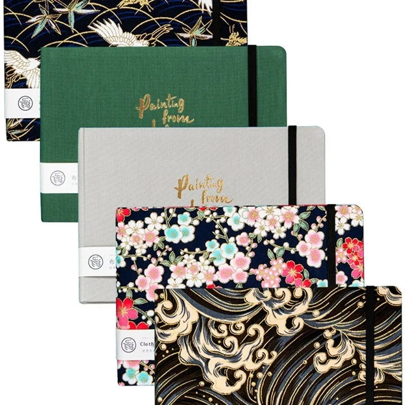 Feiluniao fabric watercolour sketchbook open showing a detailed hand-painted design on paper.