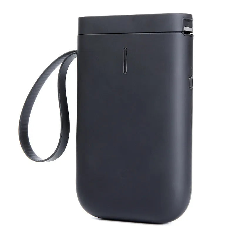 Compact D11 Bluetooth thermal label printer in black, with smartphone showing label design app.