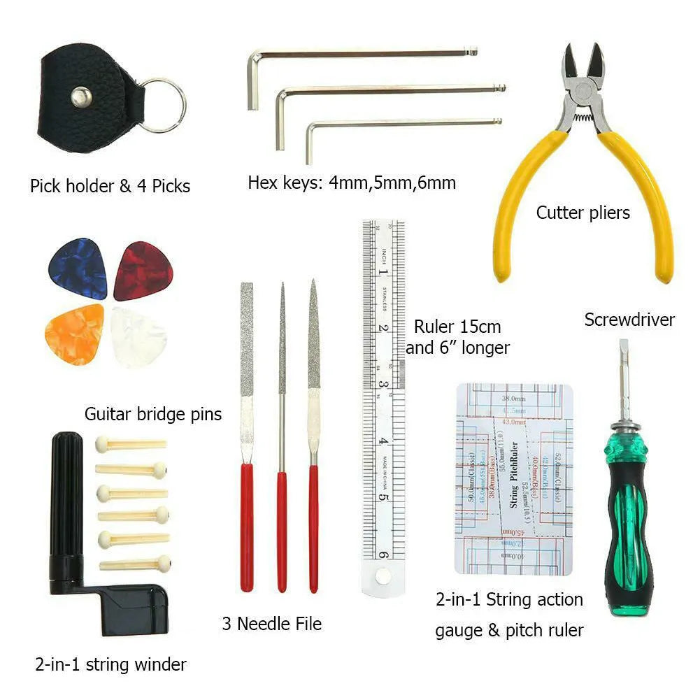 Black plastic guitar repair tool kit case open to show metal and plastic tools for guitar, bass, mandolin, banjo.