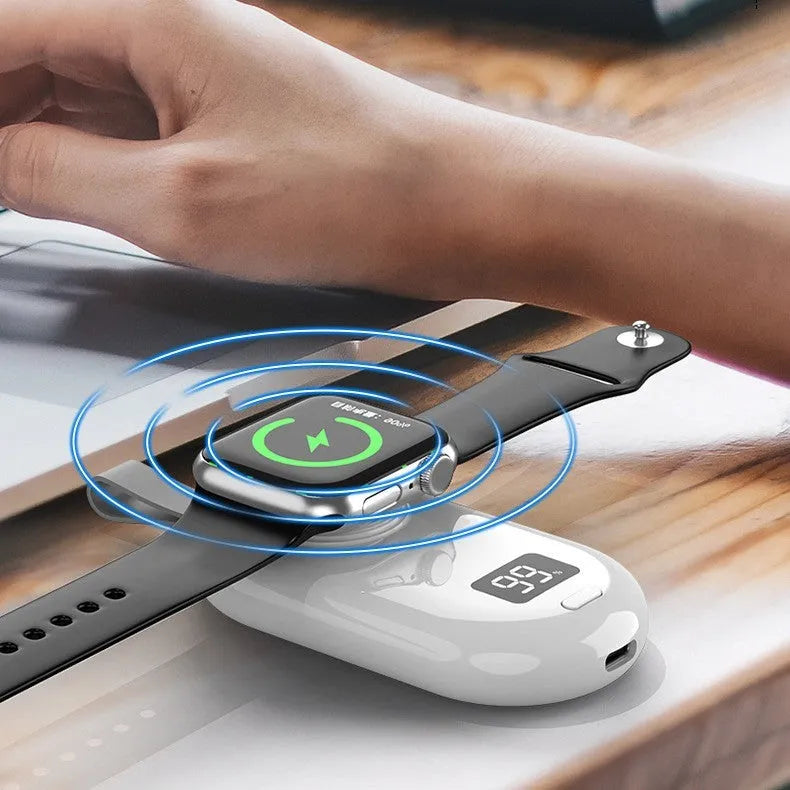 Portable wireless charging dock for V5 smartwatch with Type-C cable on white surface